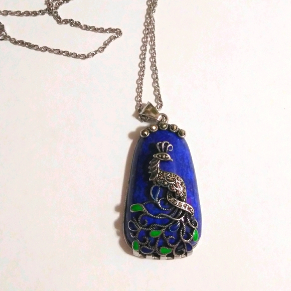Jewelry - Lapis Marcasite Peacock Pendant Necklace